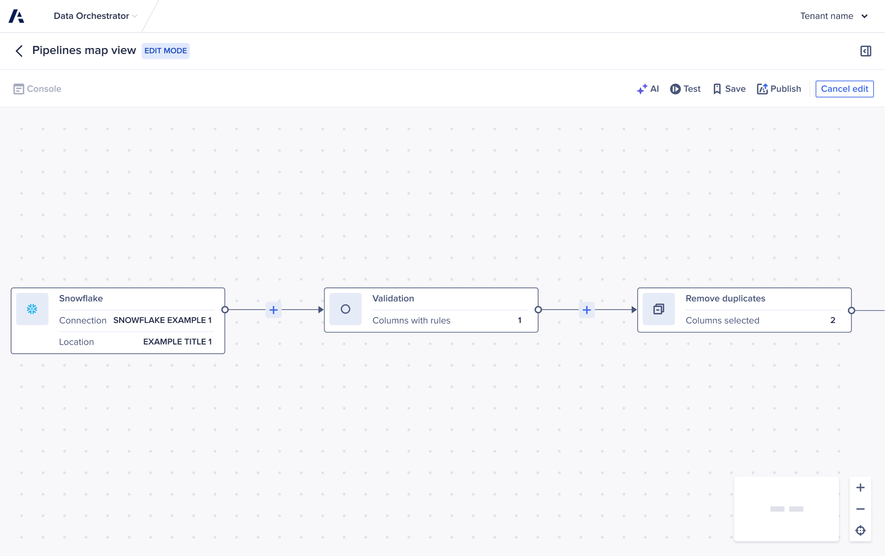 Anaplan pipeline builder showing a data pipeline on a canvas