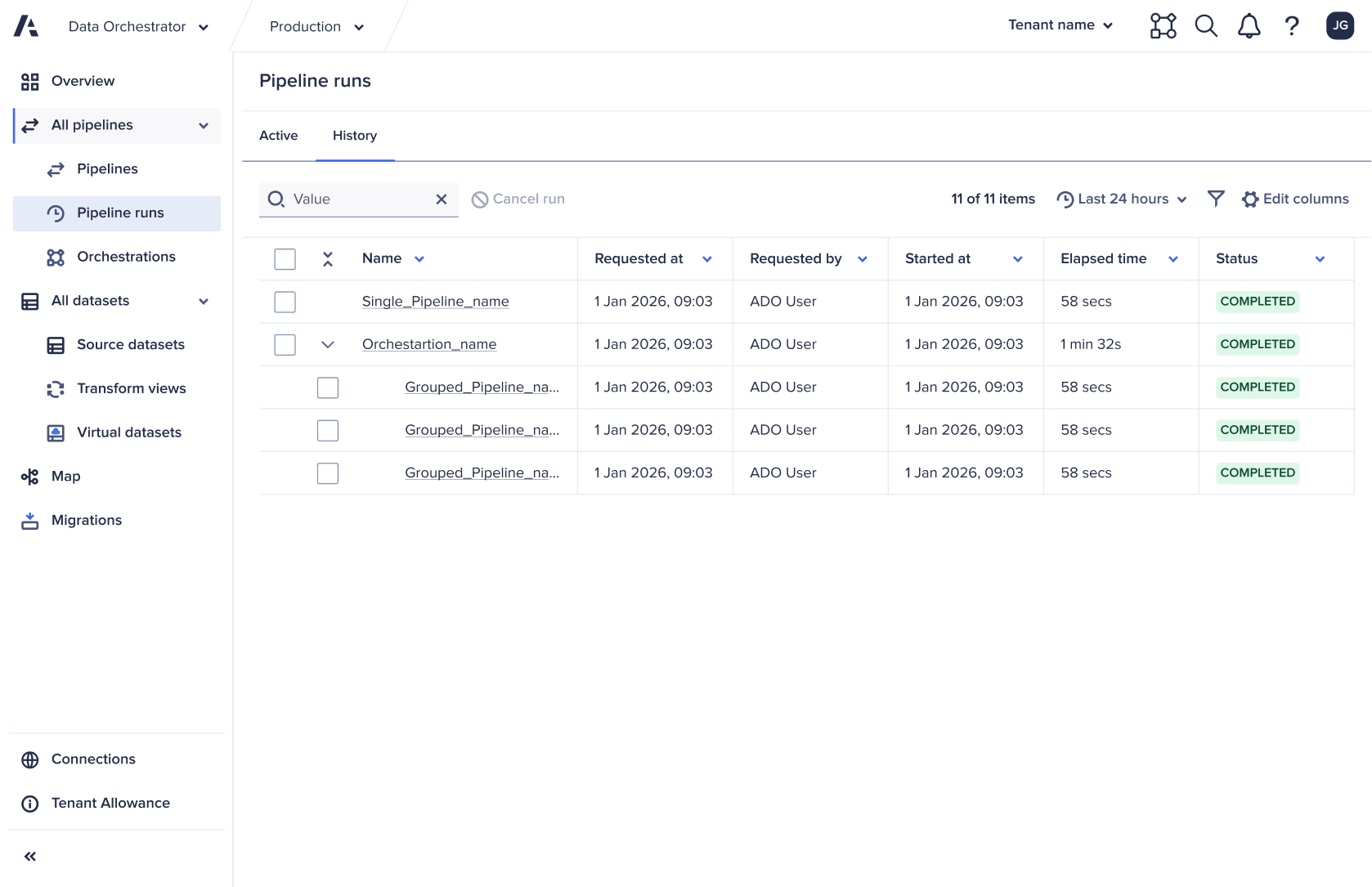 The Pipeline runs history page in Data Orchestrator, listing a single pipeline and an orchestration with three grouped pipelines, all with a status of Completed.
