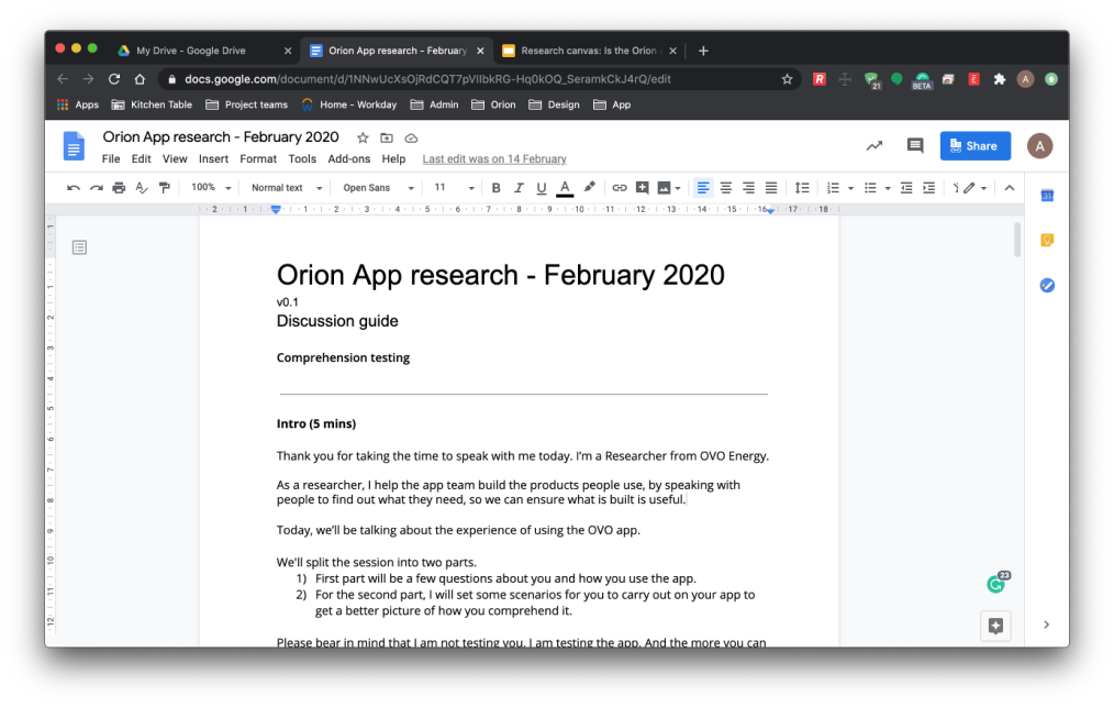 The discussion guide in Google Docs, titled Orion App research, February 2020, opening with a five-minute introduction script for the session.