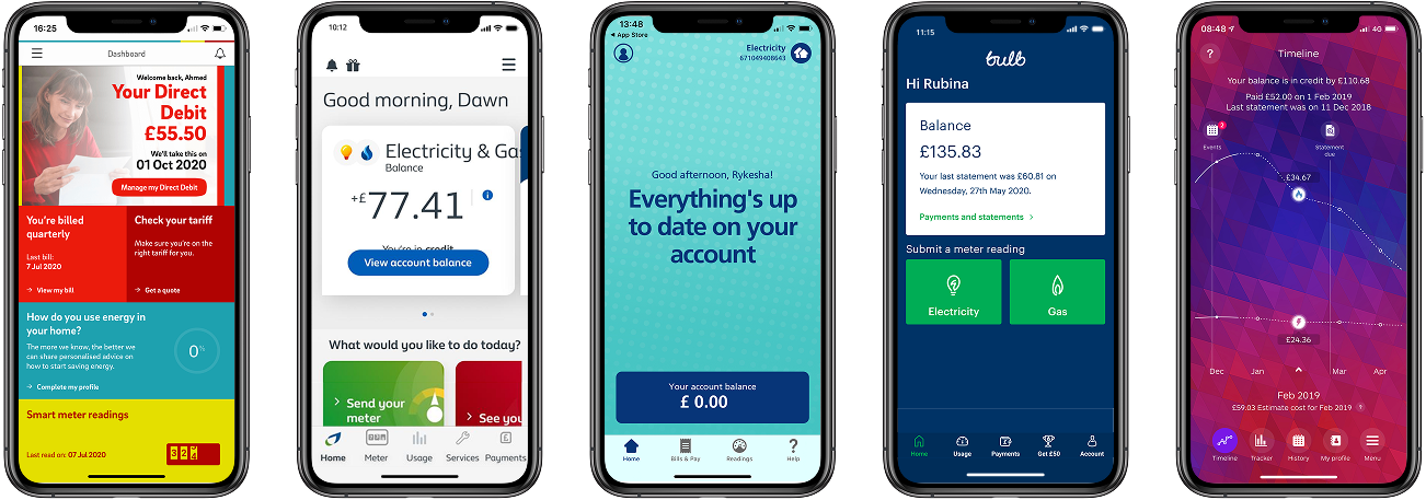 Home screens from five other UK energy supplier apps, each showing the account balance or Direct Debit amount.