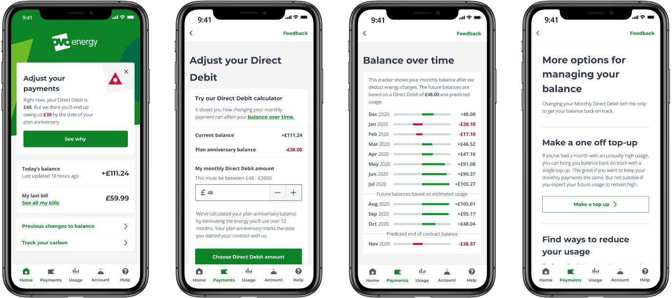 OVO Energy app screens showing the Direct Debit calculator and balance over time