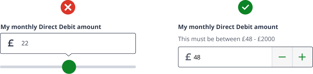 Two versions of the monthly Direct Debit amount field. A slider set to £22 is marked as not working; a counter set to £48, with minus and plus buttons and a hint that the amount must be between £48 and £2000, is marked as working.