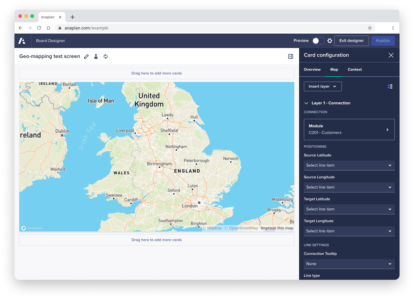 Map card configuration panel