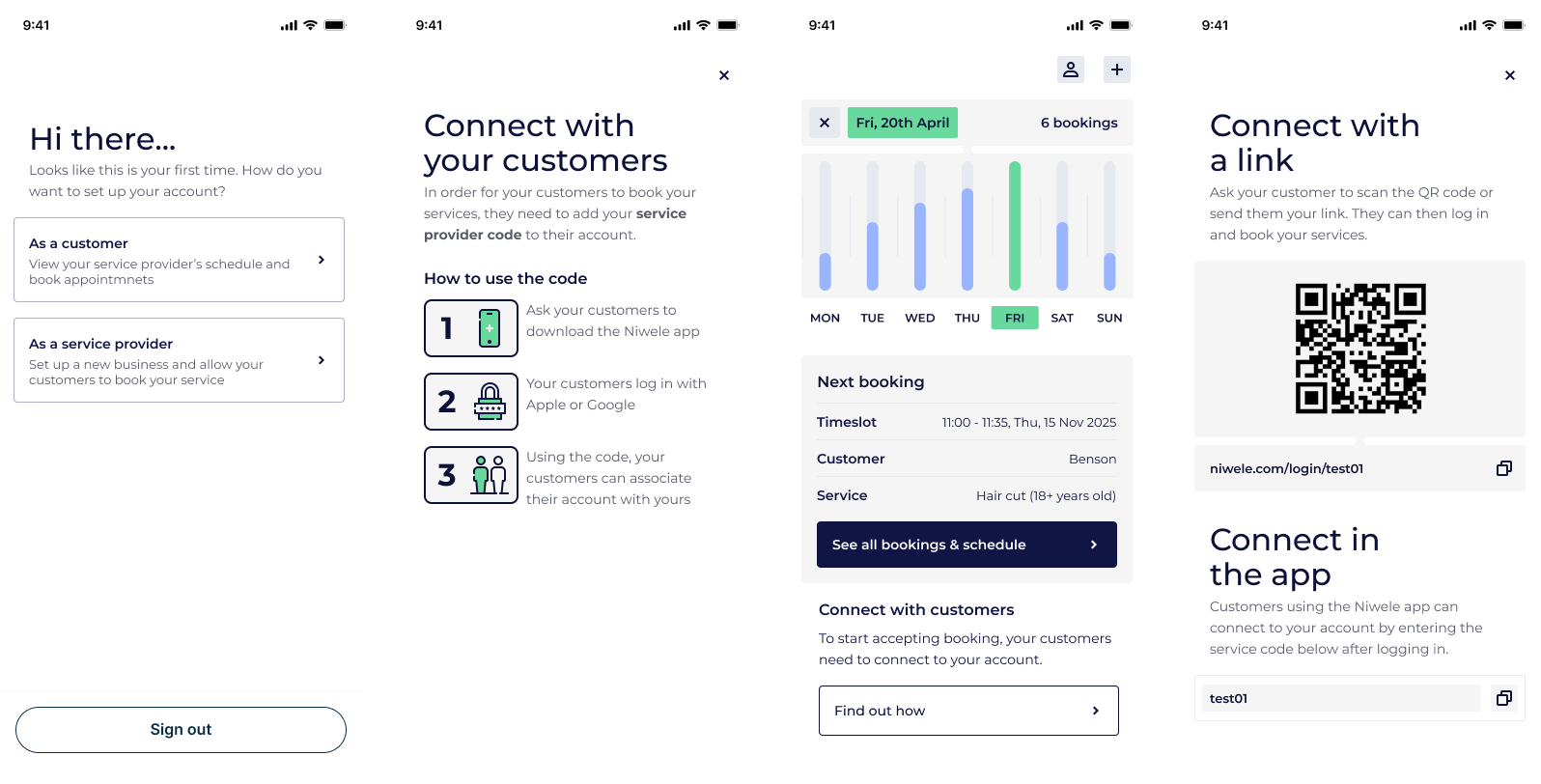 Four Niwele phone screens: an explanation of charging deposits for bookings, the log in screen with Google, Apple and email link options, a customer's next appointment with location, reserved slot and price, and a customer's list of bookings.