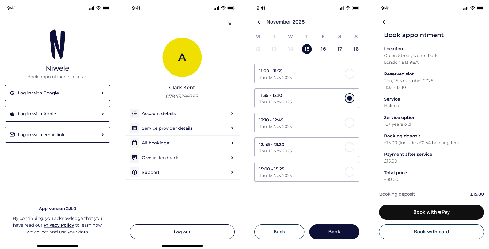 Four Niwele phone screens: the log in screen with Google, Apple and email link options, a customer's profile menu, a calendar of available time slots with one selected, and a Book appointment summary with location, service, deposit and total price.