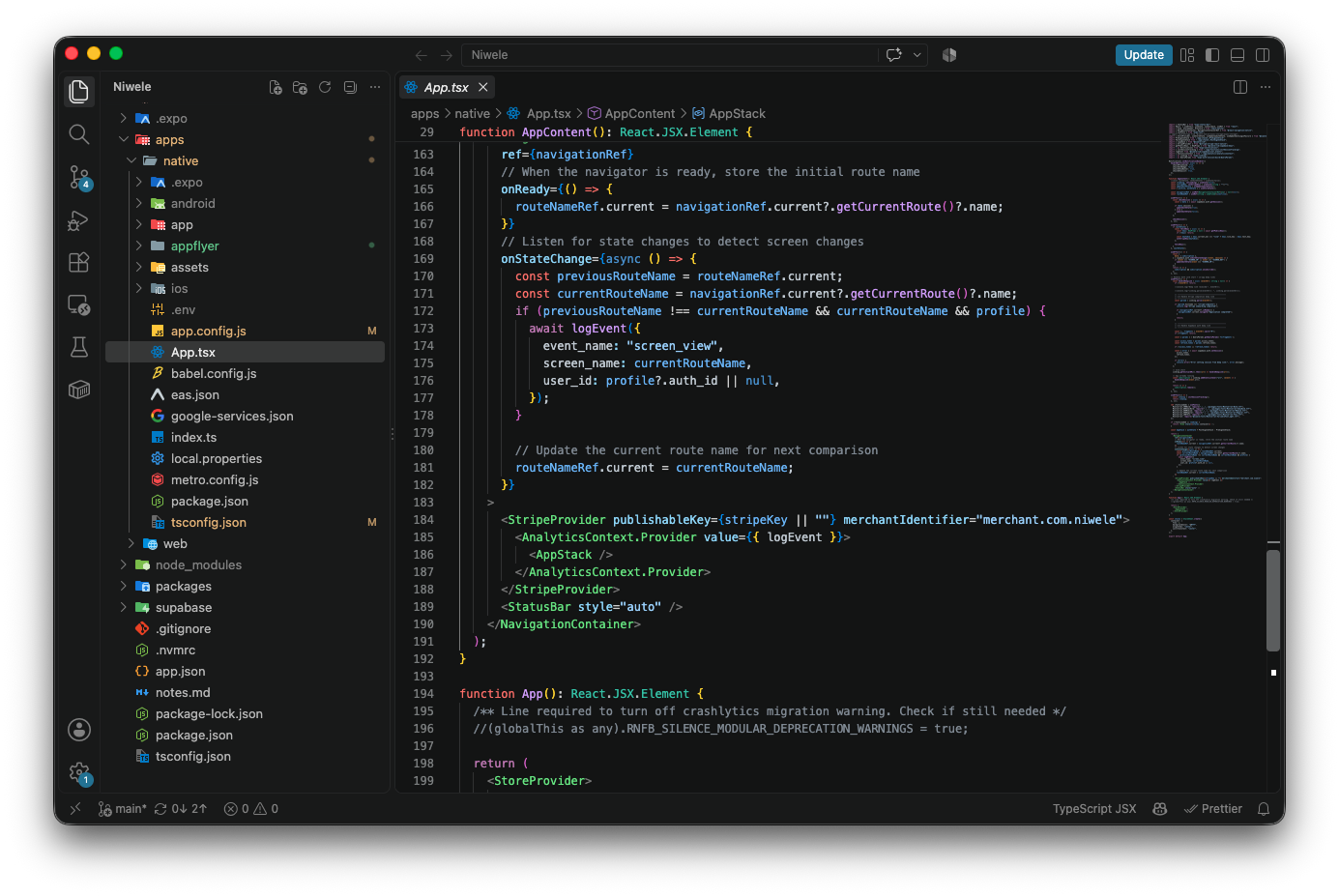 The Niwele project open in a code editor, showing the native and web app folders and the React Native App.tsx file.