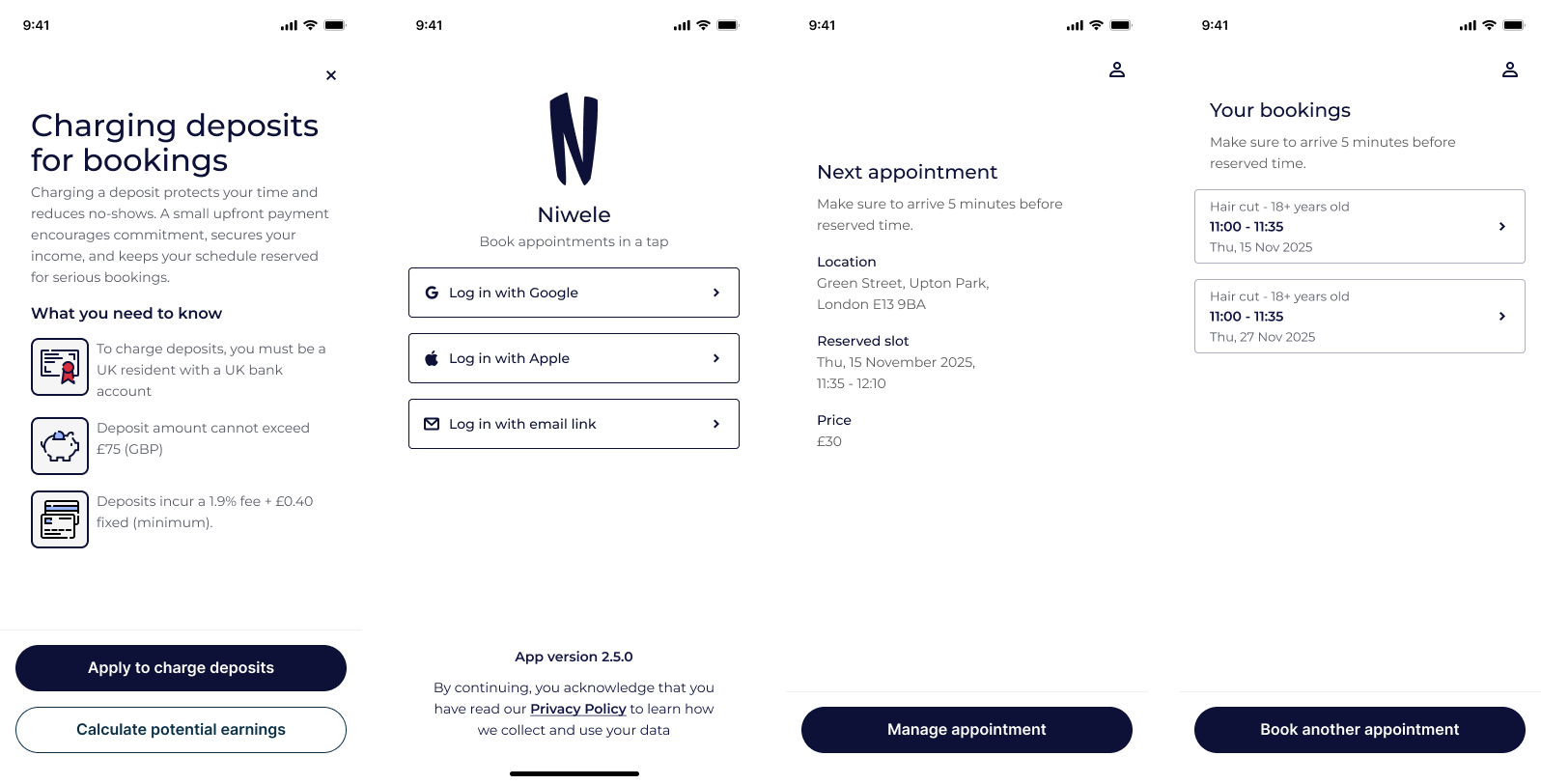 Four Niwele phone screens: choosing to set up an account as a customer or a service provider, a guide to connecting with customers, the provider's home screen with a weekly bookings chart and next booking, and a QR code and link for customers to connect.