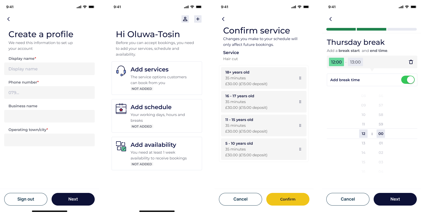 Four Niwele phone screens from provider set-up: creating a profile, a checklist to add services, schedule and availability, confirming a hair cut service with prices by age group, and setting a Thursday break time.