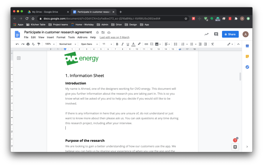 The participant research agreement in Google Docs, with the OVO Energy logo and an information sheet that introduces the researcher and explains the purpose of the research.