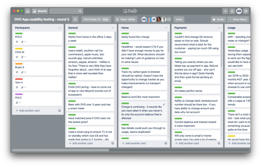 A Trello board titled OVO App usability testing, round 3, with a list of participant cards and lists of notes for General, Home, Payments and Usage.